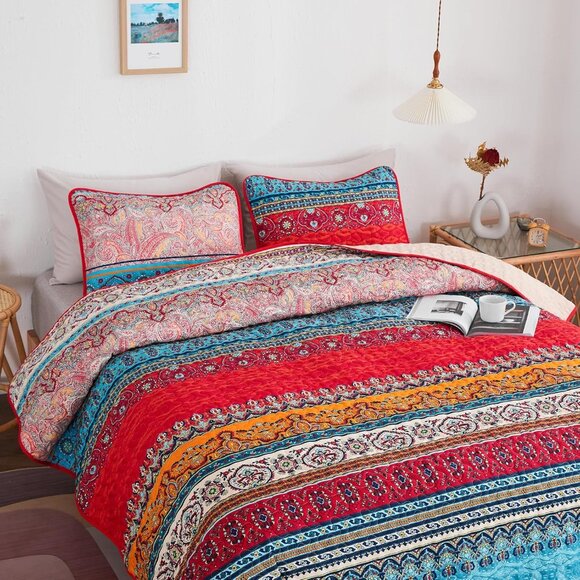 New Colourful Reversible Bohemian 3 PC Bedding Quilt Set • KING Size - Picture 7 of 7